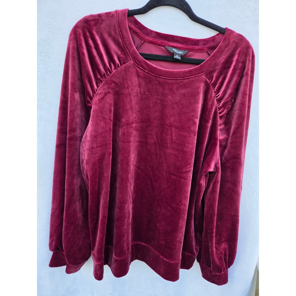 Simply Vera Wang Velvet Sweatshirt Women XL Burgundy‎ Ruched Shoulder Holiday